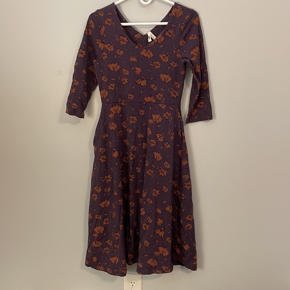 Pact Purple & Orange Cotton Blend 3/4 Sleeve V-Neck Floral Dress Size Medium - Picture 3 of 13